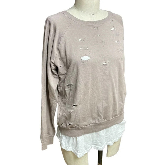 Monrow Distressed Double Layer Sweatshirt Fawn White Size Medium - Picture 3 of 11